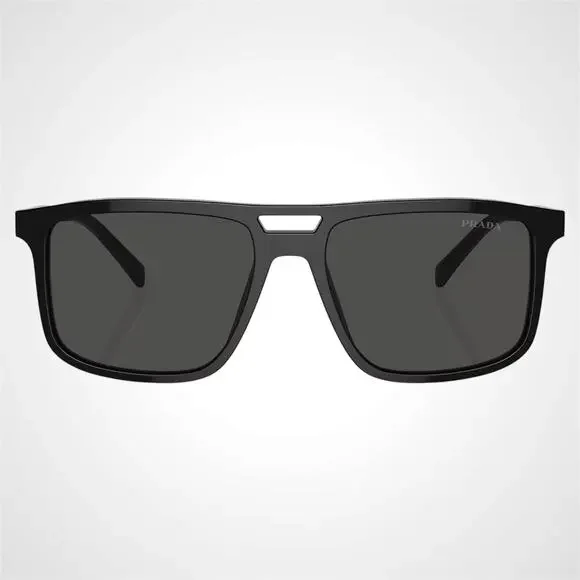 New PRADA Sunglasses Black Aviator Square Silver Metal Logo 58mm - Picture 2 of 6